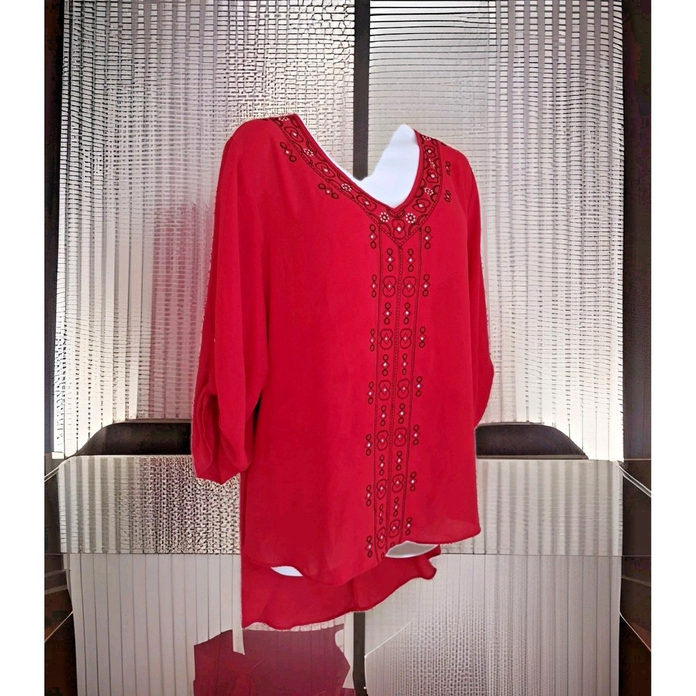 Cato Woman Tunic Top 22/24 Red Black Embroidery Hi Lo Hem Roll Tab‎ Sleeve Boho
